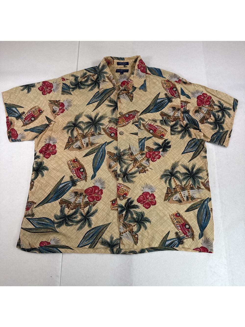 Vintage RON CHERESKIN Hawaiian Camp Shirt Woody Wagon Palm Tree Surfboard XXL 2X